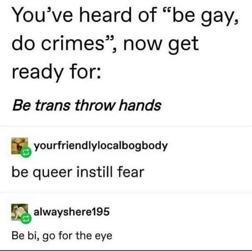 This meme is a humorous take on the popular phrase "be gay, do crime" and is now being modified to include the phrase "be gay, do crime, but also be trans and have a sense of humor about it." The meme is a lighthearted and playful way to poke fun at the idea of being a stereotypical "gay villain" and instead embracing being trans and having a sense of humor about it.